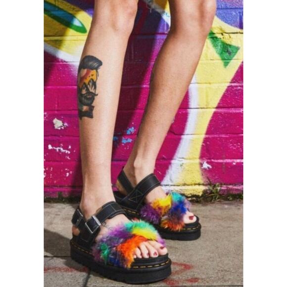 Dr. Martens Size 7 EU 38 VOSS II FLUFFY Faux Fur Leather Sandals Multicolor  New
